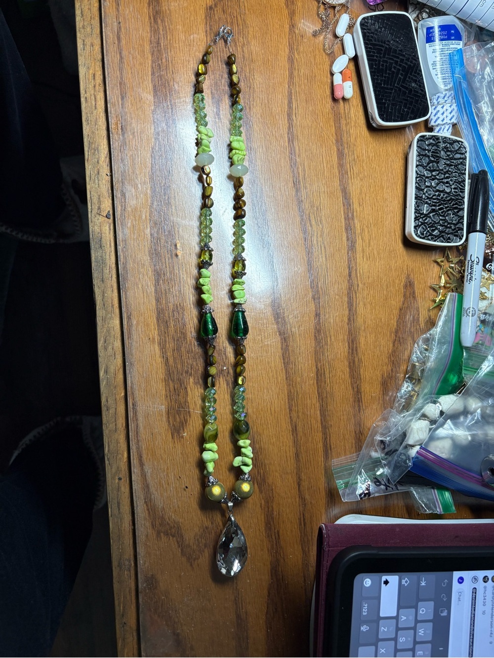 Green Mixed-Bead Teardrop Pendant Necklace - Women Jewelry 15 inches